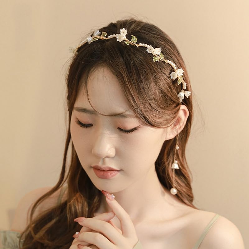 AHONEY Flower Headband for Women Girls Hair Vine Gold Leaf Boho Headband Wedding Fairy Accessories Headpiece Bridal Crown (Floral) - color: Green