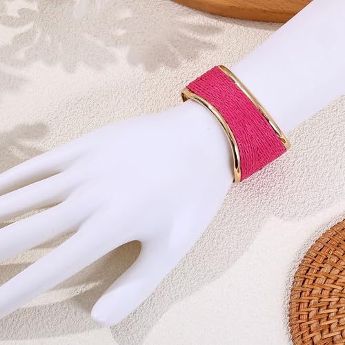 Raffia Colorful Chunky Cuff Bracelet For Women Statement Irregular Wave Vacation Tropical Beachy Spring Summer Wide Open Bangle Handmade Boho Costume Jewelry Accessories - color: Pink