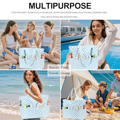 Bluboon Waterproof Beach Tote Pool Bags for Women Ladies Extra Large Carry On Bag With Wet Compartment for Weekender Travel - color: Blue White Checked