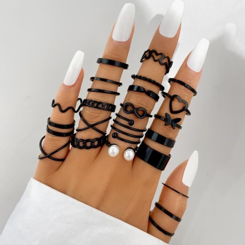 Knuckle Stackable Black Rings for Women Black Stacking Ring Set Vintage Boho Ring Set Butterfly Heart Pearl Rhinestone Stackable Statement Rings for Women - color: 22pcs black