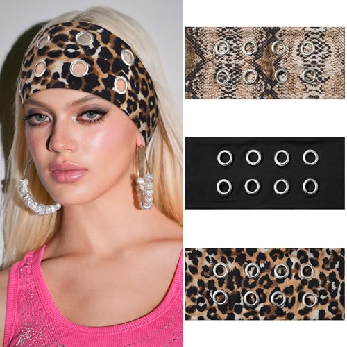 AWAYTR Women Hollow Out Eyelet Elastic Headband Y2K Wide Grommet Hairband Punk Grunge Wide Band for Girls (Snakeskin pattern/Brown Leopard/Black, One size) - color: Snakeskin pattern/Brown Leopard/Black