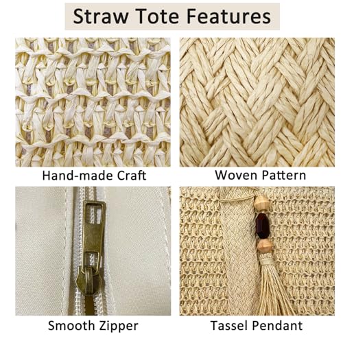Large Straw Beach Tote Bags For Women Woven Boho Handmade Shoulder Handbags for Summer Vacation Travel with Tassels - color: Beige