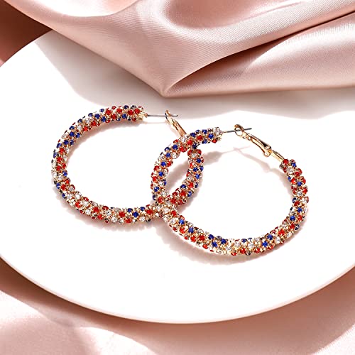 Rhinestone Hoop Earring for Women Sparkly Crystal Wrapped Hoop Dangle Earrings Statement Boho Gold Black Plated CZ Hoop Earring - color: red white blue