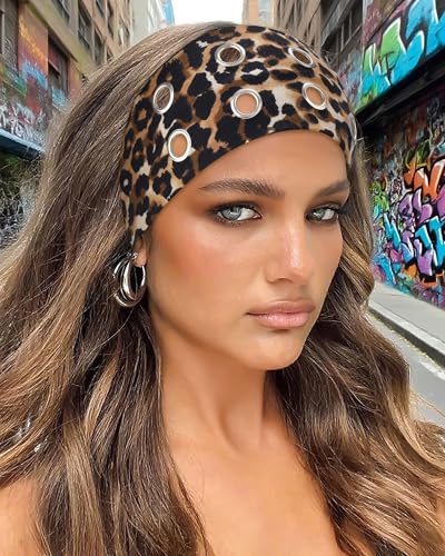 AWAYTR Women Hollow Out Eyelet Elastic Headband Y2K Wide Grommet Hairband Punk Grunge Wide Band for Girls (Snakeskin pattern/Brown Leopard/Black, One size) - color: Snakeskin pattern/Brown Leopard/Black
