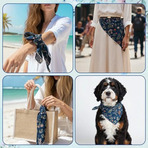 Navy Blue Floral Bandana, 21.7" Square Cotton Bandana Headscarf Hair Handkerchief, Women Bandanas Headbands for Beach Camping Running