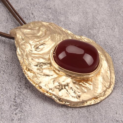 GelConnie Leather Necklace for Women Large Pendant Long Brown Necklace Circle Leather Choker Vintage Sweater Necklace Gold Chunky Boho Necklaces for Women - style: Large Red Stone Necklace