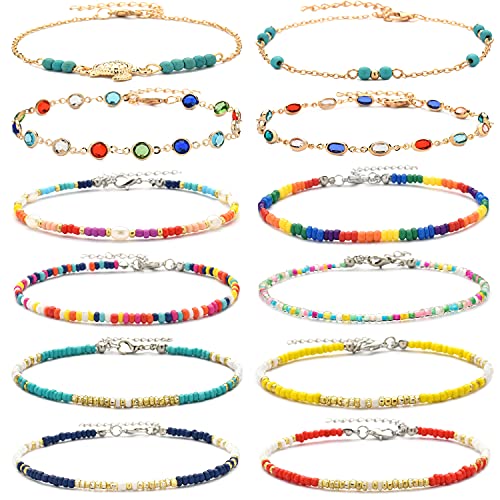 XIJIN 8Pcs Handmade Beaded Anklets for Women Boho Colorful Beads Ankle Bracelets Adjustable Foot Anklet Set - color: J