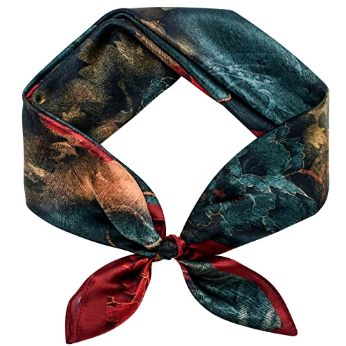 Stlvoll 100% Silk Head Scarf for Women - 27" Hair Scarves Satin Bandanas Square for Night Sleeping with Gift Packed - color: Flower (Red + Cyan)