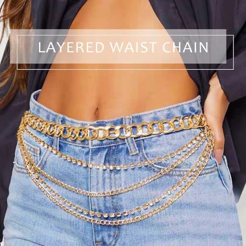 Rhinestone Waist Chain Body Chain Crystal Body Jewelry for Women Layered Rhinestones Belly Chain Summer Beach - color: Gold