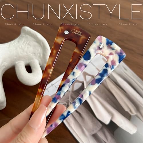 French Hair Clips 4-Pack Assorted Styles, U-Shaped Textured Hair Pins for Women with Black, Tortoiseshell, Leopard & Smoky, for Ponytail Bun Updo (Celadon) - color: Smoky Grey