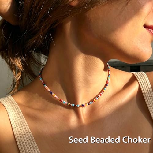 Tgirls Boho Choker Necklace Chain Rice Beaded Necklaces Seed Bead Necklace Accessory for Women - color: colorful 5