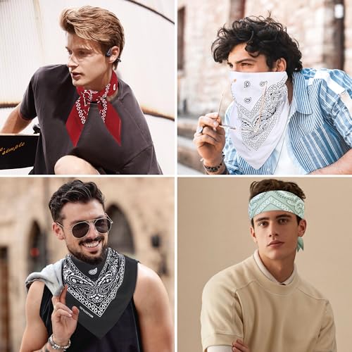 Mochabao 100% Cotton 27" x 27" Large Bandanas for Men & Women, Multi-Purpose Bandana Headbands, Square Head Scarf - color: White/Red/Black/Sage Green