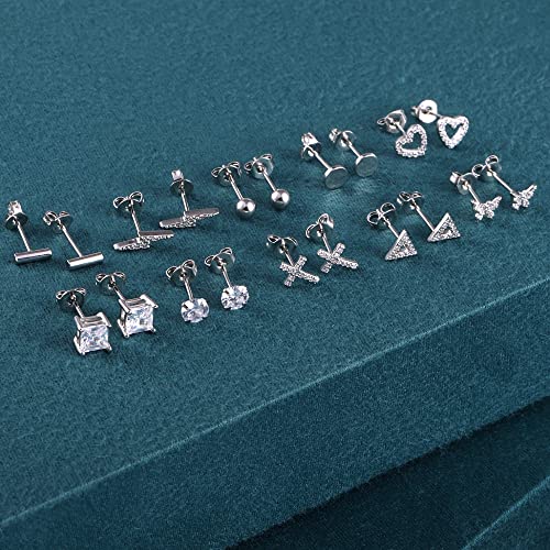 BOUTIQUELOVIN 14K Gold Stud Earrings Set for Women, for Multiple Piercing Silver Plated Studs Earrings and Zirconia Earring Set Small Huggie Hoop Chain Earing - color: 10Pairs Silver Studs