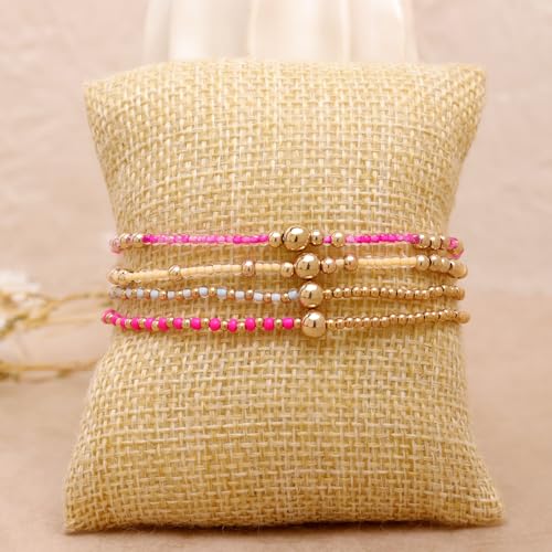 Gold Beaded Stackable Friendship Bracelets Set for Women, Handmade Boho Stretch Summer Jewelry Gift. - color: gold pink fuchsia white yellow