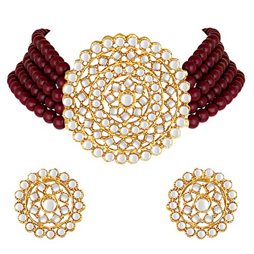 Aheli Pearl Diamond Choker Necklace & Round Earrings Gift for Women Indian Traditional Bollywood Fashion Bharatanatyam jewellery set - color: Maroon 3