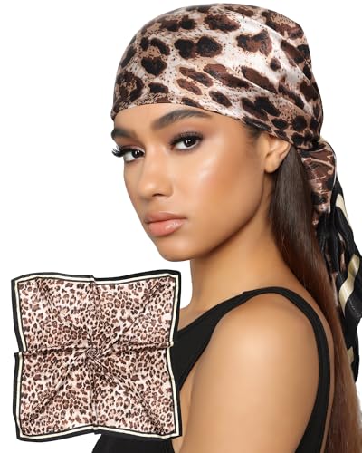 AWAYTR 35” Satin Head Scarf for Women Like Silk Scarf for Hair Scarf Satin Hair Bandana Women Headscarf Hair Wrap Scarf Neck - color: Leopard - Champagne