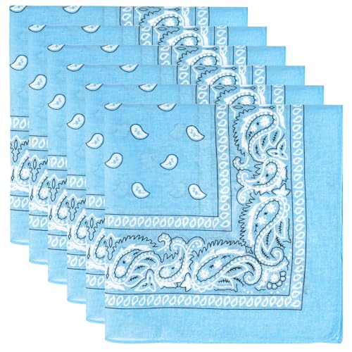 6 Pack Pure Cotton Bandana, Multi-Purpose Square Handkerchief, Face Mask headband for Men and Women - color: Light Blue