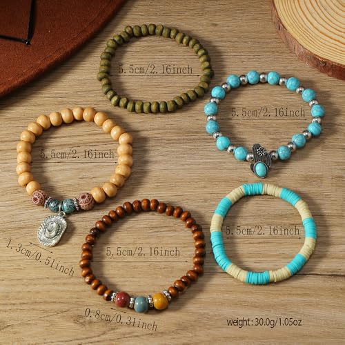 Western Turquoise Beaded Bracelet Stack - Vintage Cowgirl Stretch Set with Bull Skull, Feather & Boot Charms, Handmade Boho Jewelry for Rodeo, Country Concerts & Casual Western Outfits - style: Hat