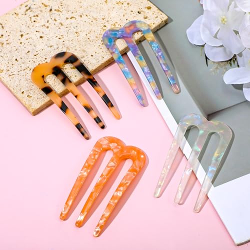 4 Pcs Large French Pins for Thick Hair 3-Prong Hair Forks Retro U Shaped Hair Pins for Women French Twist Hairs Pin Clips Chignon Pin Hairstyle Accessories (Blue Mermaid Light Tortoise Pink)