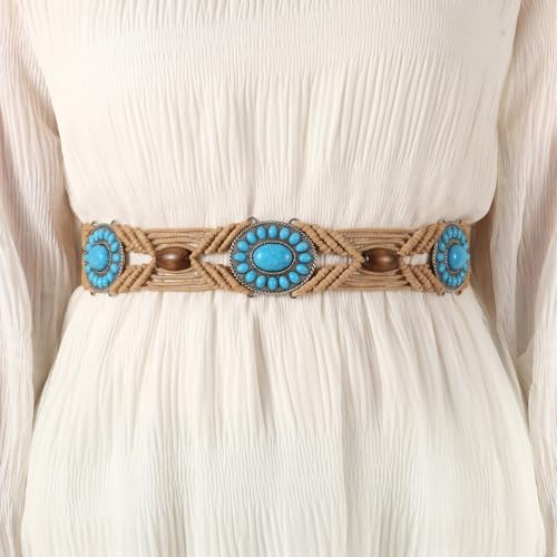 WHIPPY Boho Turquoise Belt for Women Wax Rope Braided Waist Belt Western Hand-Woven Bead Tassel Belts for Dress, 2” Wide - color: Khaki