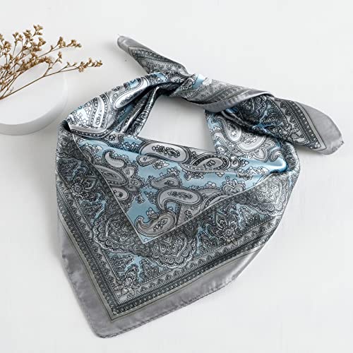 QBSM Womens 23.6 inch Satin Silk Feeling Formal Square Neck Scarf Head Hair Wraps Kerchief - color: Cashew Flowers-blue