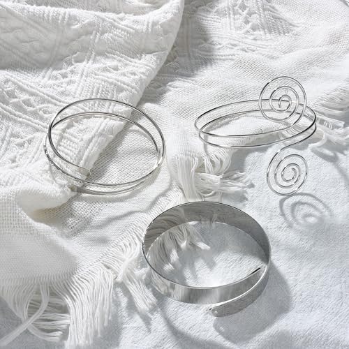 FUNRUN JEWELRY Arm Cuff Upper Arm Band for Women Gold Arm Cuff Bangle Bracelets Adjustable Coil Swirl Armlet ArmBand Jewelry,3-4Pcs - color: A:Silver tone