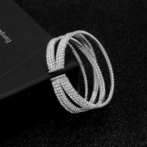 Women's Multi-Layer Rhinestone Cuff Bracelet Sparkling Crystal Tennis Bangle for Bridal Wedding Party - color: 1203 Silver