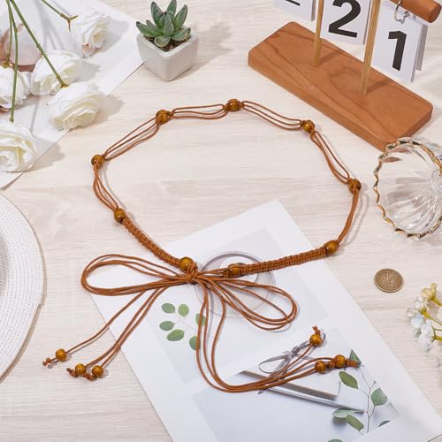 CRASPIRE Boho Rope Belt Tassel Braided Waist Belts Brown Thin Tie Skinny Woven Beads Cord Handmade Weaving Handwoven Macrame Long Apparel Decorative Chain for Women Dress Cloth Outfit Skirt Wrap - color: Brown