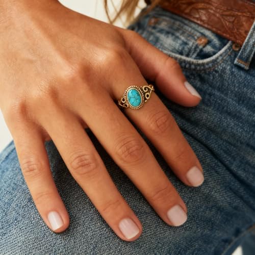 Turquoise Rings for Women Gold Western Rings Knuckle Wedding Party Fashion Jewelry Gifts Country Concert Outfit Accessories - color: Size:9