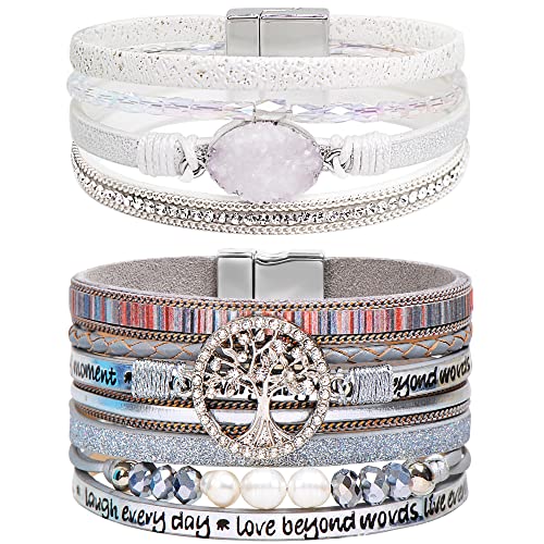 Boho Leather Wrap Bracelets Bohemian Crystal Bracelets Trendy Layered Bracelet with Magnetic Clasp Jewelry Gifts for Women - color: White