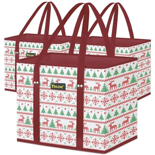 BALEINE 3Pk Reusable Grocery Bags, Foldable Shopping Bags for Groceries with Reinforced Bottom & Handles (Reindeers) - color: Reindeers, size: 3 Pack