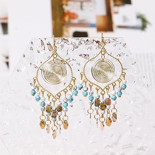 Bohemian Long Tassel Turquoise Beads Water Drop Dangle Earrings For Women Vintage Sbb Copper Coil Necklace Mujer Exaggerated Earring - color: Style 1