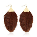 Bohemian Silky Thread Fan Fringe Tassel Statement Earrings - Lightweight Strand Feather Shape Dangles - color: Feather Fringe - Brown