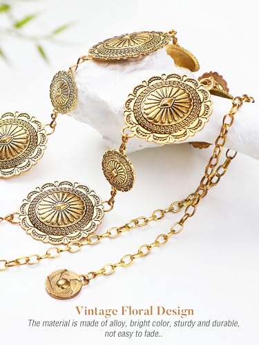 FIORETTO Western Waist Chain Belt Metal Concho Belt for Women Cowgirl Cowboy Boho Country Belt for Dress Jean - color: Gold-25, size: Fit Waist Up to 42"
