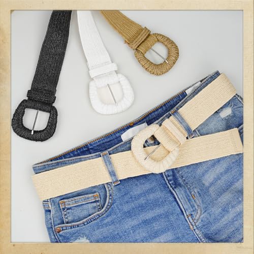 Straw Woven Elastic Belt for Women, Boho Braided Raffia Waist Belt, Stretch Rattan Belt for Summer Dresses - color: D Ring Buckle-beige, size: L: Fit waist size up to 40"