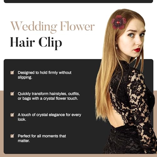 2.9 Inches Created Crystal Hibiscus Hawaiian Flower Hair Clips for Women | Boho Braids Artificial Flower Clips for Hair - color: Red