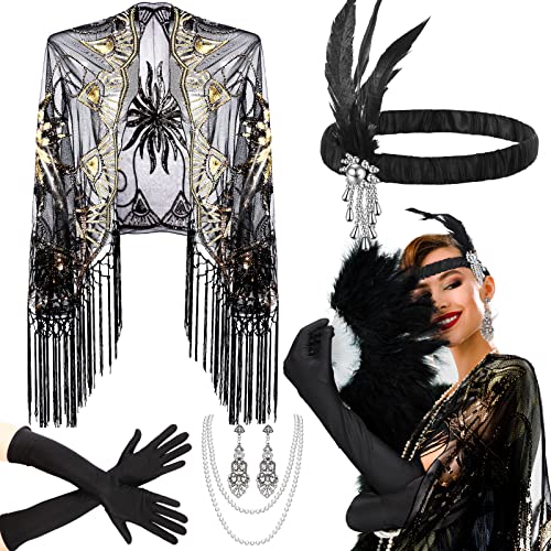 Zhanmai 5 Pcs 1920s Flapper Accessories for Women Roaring 20s Headpiece Shawl Necklace Earring Gloves - color: Black Gold, style: Vintage