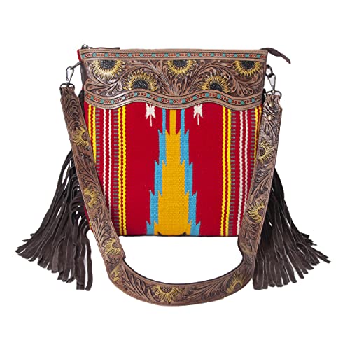Merbaa Women Handtooled woolen saddle blanket hand woven Crossbody Bag - color: Red