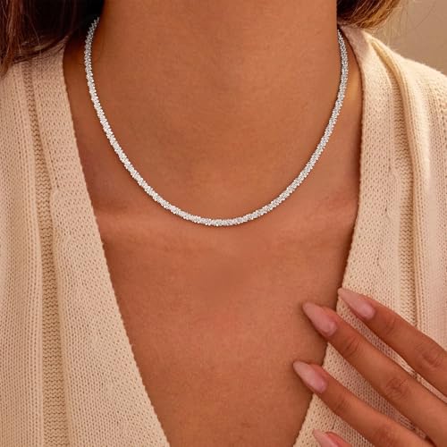 S925 Sterling Silver Chain Necklace for Women - 4.5MM S925 Sterling Silver Sparking Chain Necklace Handmade Jewelry Silver Necklaces for Women 16/18/20/22/24 Inch - color: 22"