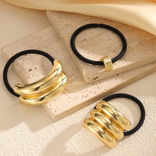 3PCS Gold Hair Ties, Metal Hair Ties for Thick Hair, Elegant Durable Geometric Design, Gold Hair Accessories Stretchy and Non-Damage Ponytail Holders - color: Gold Set 04