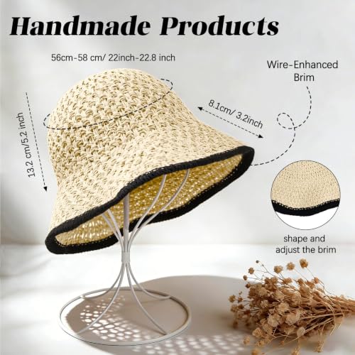 Sun Hat for Women Beach Hat Straw Bucket Hat Summer UV Protection, Packable Breathable Crochet Style - color: 1pack-beige-black-brim