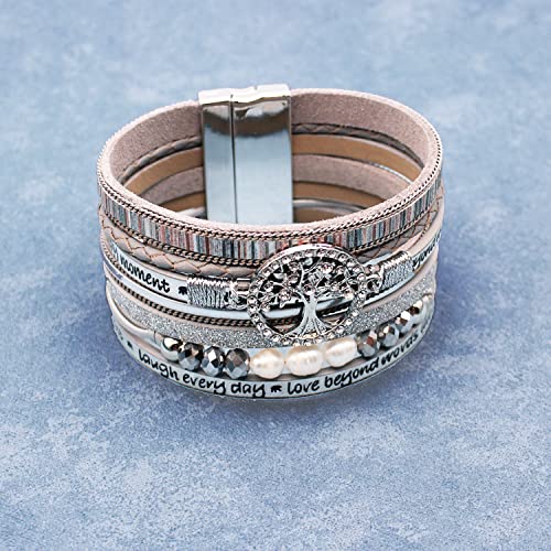Boho Leather Wrap Bracelets Bohemian Crystal Bracelets Trendy Layered Bracelet with Magnetic Clasp Jewelry Gifts for Women - color: White
