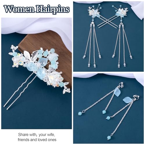 HINZIC 5pcs Flower Tassels Hairpin for Women, Non-Slip Crystal Pearl Silverstick Hair Clips, Retro Chinese Hanfu Wedding Brides Hair Accessories for Long Hair- Silver - color: Silver Magpie Bridge