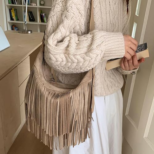 Fringe Genuine Suede Leather Hobo Bag Adjustable Crossbody Shoulder Bag Boho Retro Tassel Handbag Gift Box - color: Khaki