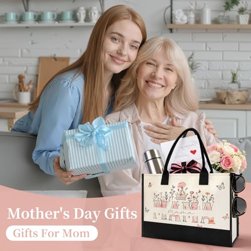 Mom Mama Bag - Large Tote Bag for Women, Beautiful Floral Print Mothers Day Gifts for Mom, New Mom Birthday Gifts, Durable Reusable Grocery Bags for Shopping Beach Travel Work