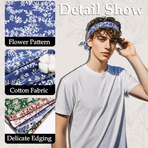 27.16'' Bandanas for Men, Cotton Mens Head Scarf with Flower Pattern Floral Hair Bandana Headband for Daily Casual - color: Blue
