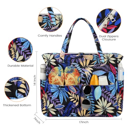 Trifabricy Beach Bags for Women Waterproof Sandproof Women Tote Bag, Large Beach Bag with Zipper for Gym Travel Vocation - color: Blue Leaves