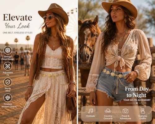 FIORETTO Western Waist Chain Belt Metal Concho Belt for Women Cowgirl Cowboy Boho Country Belt for Dress Jean - color: Gold-24, size: Fit Waist Up to 38"