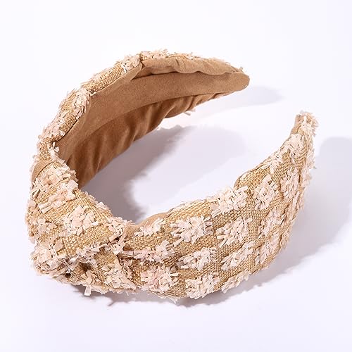 ZITULRY Knotted Raffia Headbands for Women Boho Straw Wicker Braid Wide Top Knot Hairband Statement Rattan Woven Pom Pom Hair Hoop Summer Beach Party Holiday Hair Accessories - color: Rattan