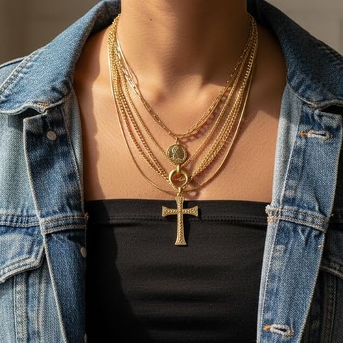 6PCS Layered Gold Necklaces for Women Trendy, 18K Gold Plated Cross Pendant Necklace Set, Vintage Chunky Gold Necklace Stack for Women Jewelry Gifts - style: 6PCS Layered Necklace Set